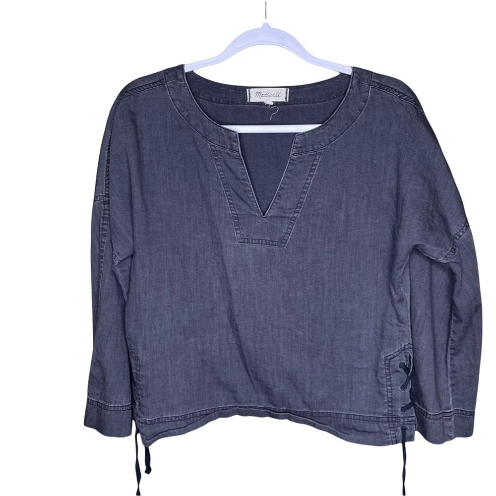 Madewell Denim Split Neck Lace Up Side Top Faded Black XXS Cotton Long Sleeve